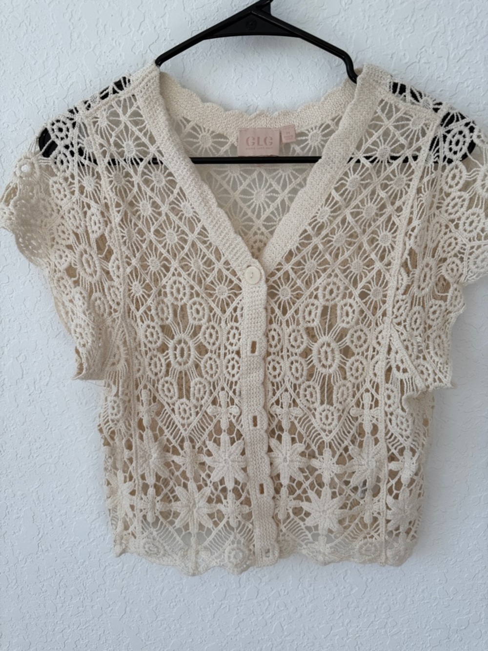 Good Luck Gem Cream Crochet Button-Front Short Sleeve Top